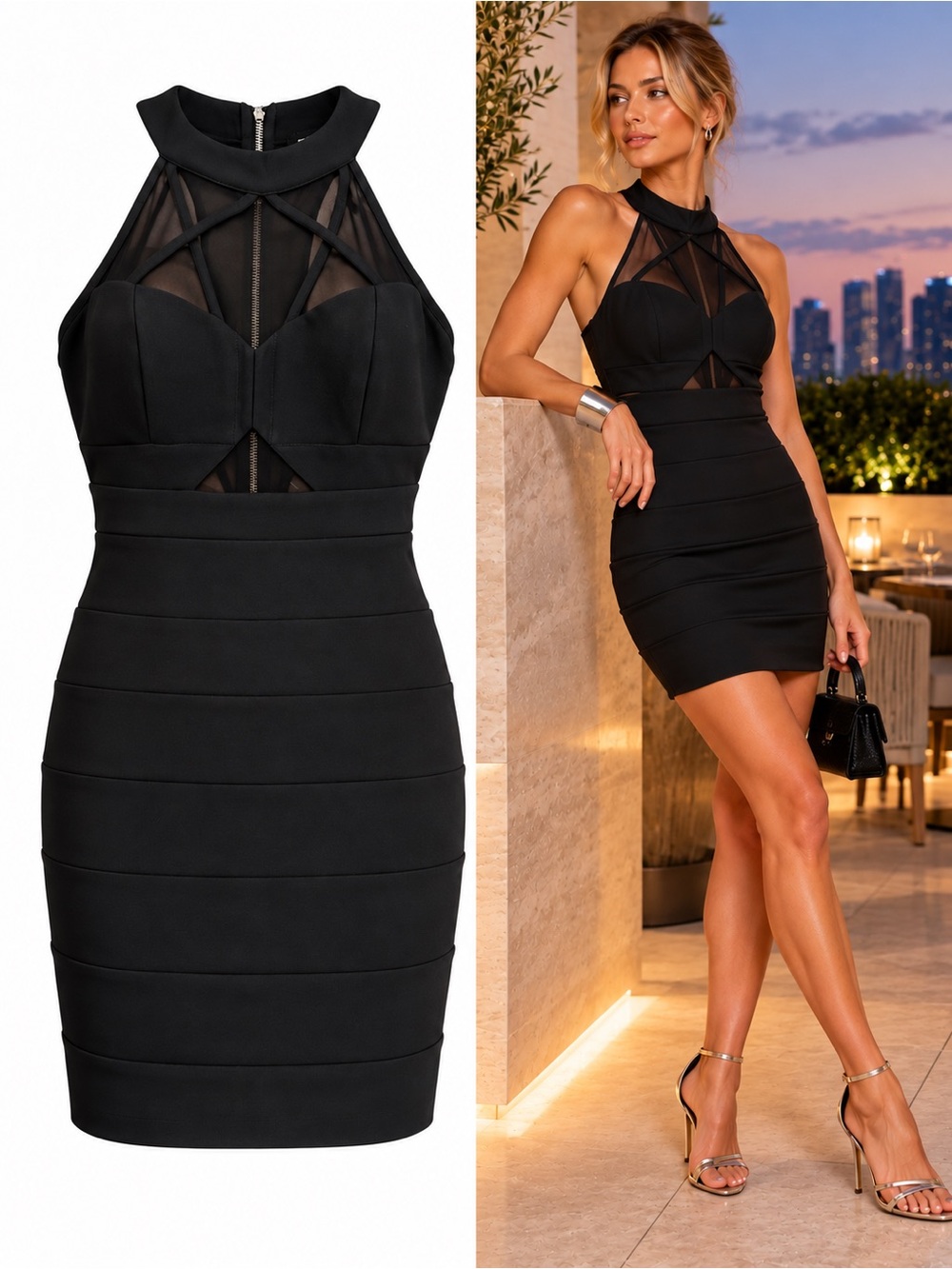 Le Château Black Mesh Halter Bandage Bodycon Cocktail Mini Dress Size Large